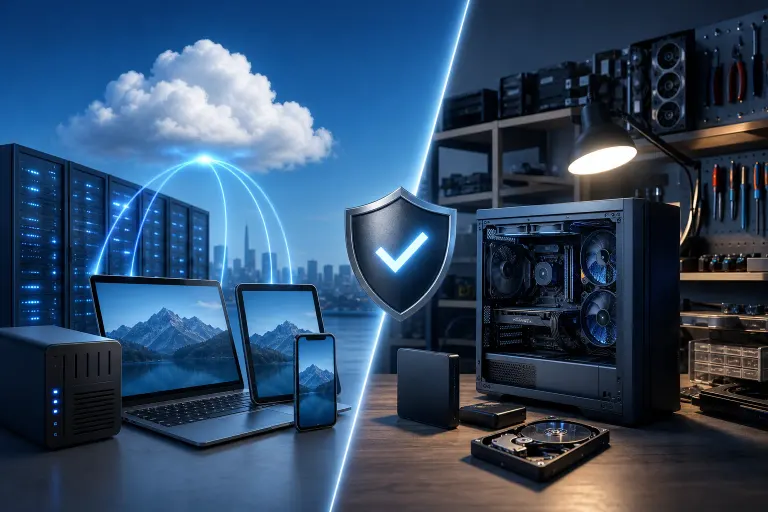 Split image: left shows cloud, servers, laptop, tablet, phone with shield; right shows desktop PC, HDDs, and tech workshop. Split image: left shows cloud, servers, laptop, tablet, phone with shield; right shows desktop PC, HDDs, and tech workshop.