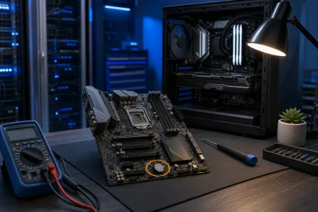 Motherboard on desk with CMOS battery circled, multimeter, screwdriver, PC case, and blue server-room background. Motherboard on desk with CMOS battery circled, multimeter, screwdriver, PC case, and blue server-room background.