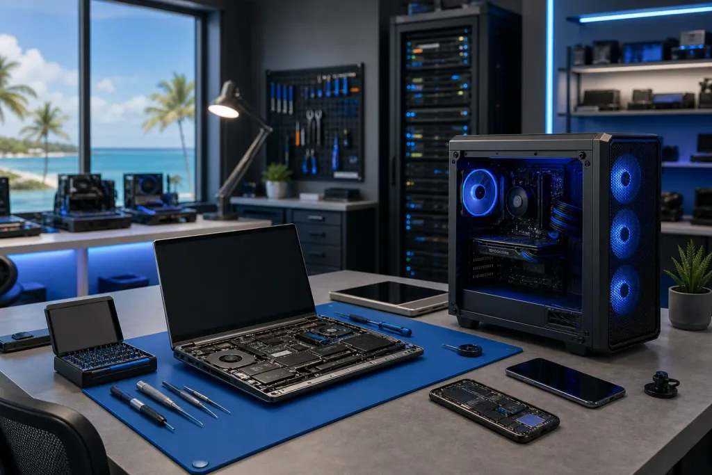 Tech repair workbench with open laptop, disassembled phone, screwdrivers, and a blue-lit gaming PC tower in a coastal shop Tech repair workbench with open laptop, disassembled phone, screwdrivers, and a blue-lit gaming PC tower in a coastal shop