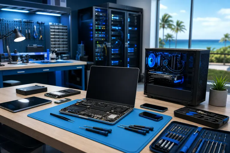Tech repair workbench with open laptop, PC tower, screwdrivers, SSDs, and server racks in a blue-lit workshop near the ocean. Tech repair workbench with open laptop, PC tower, screwdrivers, SSDs, and server racks in a blue-lit workshop near the ocean.