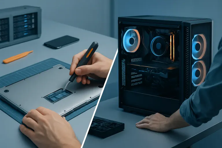Split image: left shows hands using screwdriver on laptop bottom panel; right shows RGB gaming PC tower with glass side panel. Split image: left shows hands using screwdriver on laptop bottom panel; right shows RGB gaming PC tower with glass side panel.