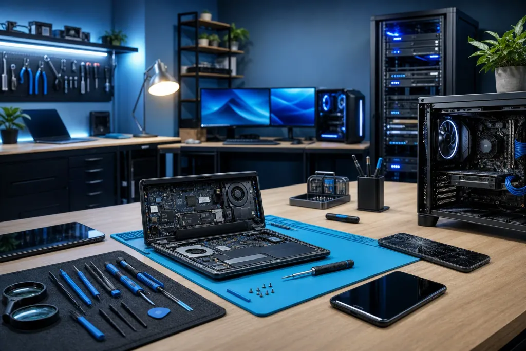 Professional computer repair workbench with disassembled laptop, tools, open PC case, phones, and dual monitors in a blue-lit shop. Professional computer repair workbench with disassembled laptop, tools, open PC case, phones, and dual monitors in a blue-lit shop.