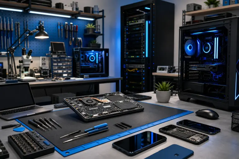Professional computer repair workbench with open laptop, smartphones, screwdrivers, and RGB gaming PCs in a blue-lit workshop. Professional computer repair workbench with open laptop, smartphones, screwdrivers, and RGB gaming PCs in a blue-lit workshop.