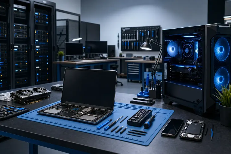 Professional tech repair workbench with open laptop, GPU, phone, screwdrivers, RGB PC tower, and server racks in background. Professional tech repair workbench with open laptop, GPU, phone, screwdrivers, RGB PC tower, and server racks in background.