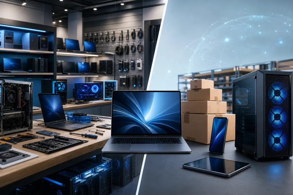 Split image: left shows a tech repair/sales shop with laptops and parts; right shows packaged electronics for online delivery. Split image: left shows a tech repair/sales shop with laptops and parts; right shows packaged electronics for online delivery.