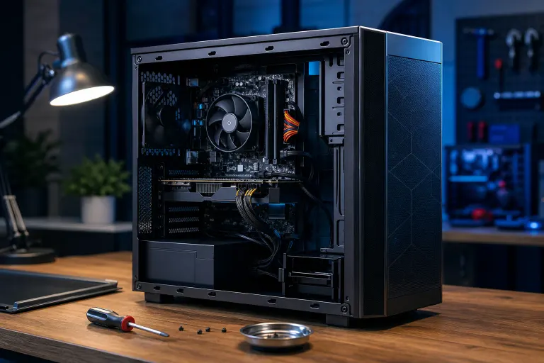 Open desktop PC tower on a workbench with visible components, screwdriver, and loose screws. Open desktop PC tower on a workbench with visible components, screwdriver, and loose screws.