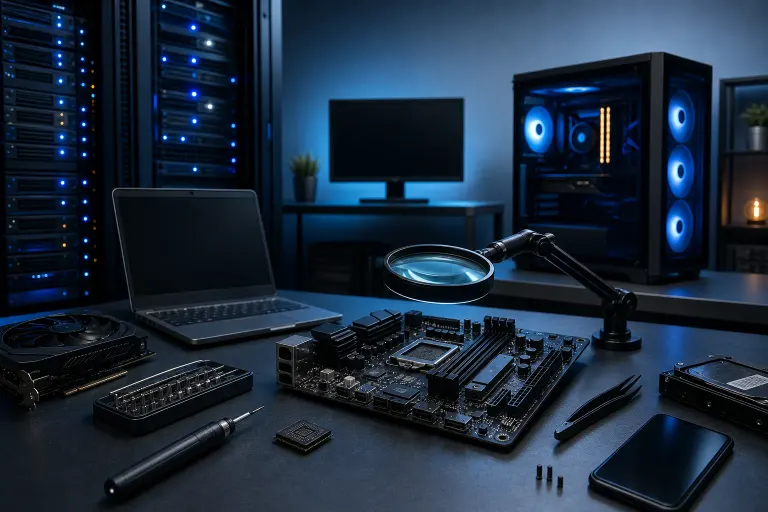 Dark workbench with motherboard, GPU, screwdriver, tweezers, magnifying glass on arm, laptop, RGB PC case, and server rack Dark workbench with motherboard, GPU, screwdriver, tweezers, magnifying glass on arm, laptop, RGB PC case, and server rack