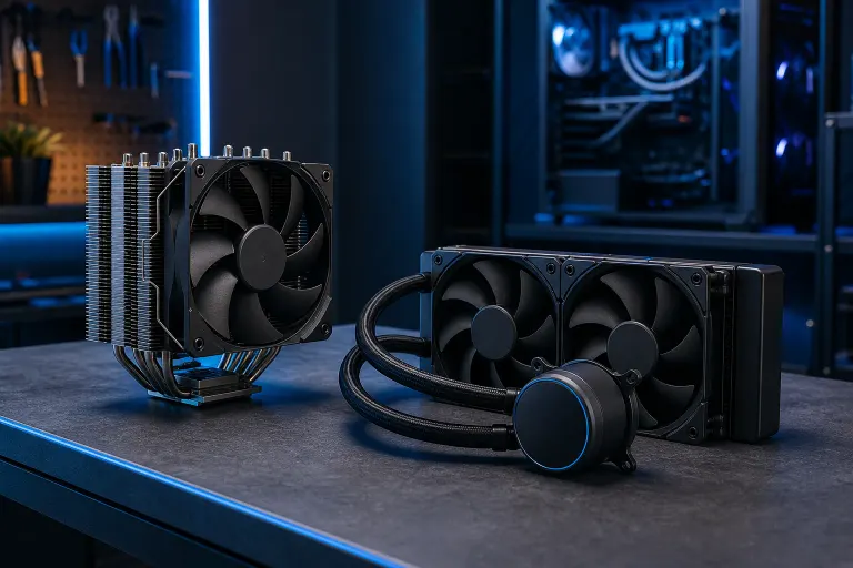 Air tower CPU cooler with heat pipes and an AIO liquid cooler with 240mm radiator side by side on a dark desk Air tower CPU cooler with heat pipes and an AIO liquid cooler with 240mm radiator side by side on a dark desk