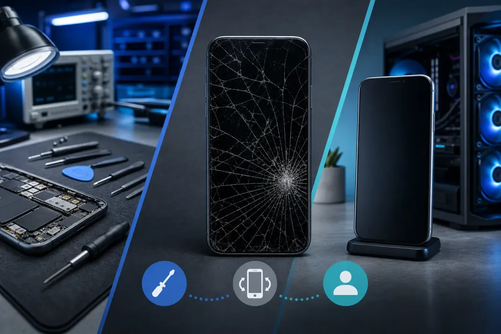 Triptych: repair workbench with tools and disassembled phone; cracked-screen iPhone; restored phone on stand with PC Triptych: repair workbench with tools and disassembled phone; cracked-screen iPhone; restored phone on stand with PC