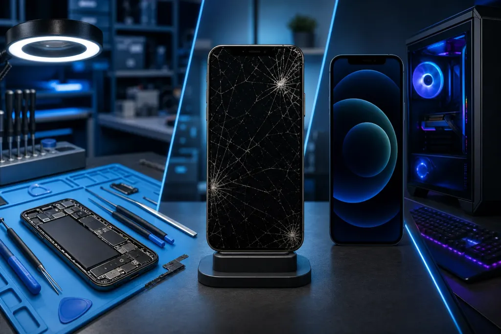 Triptych: repair tools with disassembled phone, cracked-screen iPhone on stand, intact iPhone beside RGB gaming PC Triptych: repair tools with disassembled phone, cracked-screen iPhone on stand, intact iPhone beside RGB gaming PC
