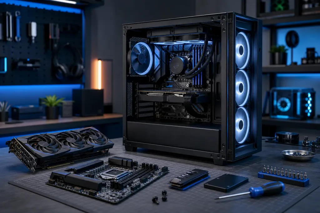 Custom gaming PC mid-build: open black tower case with RGB fans, liquid cooler, GPU and motherboard laid out on desk. Custom gaming PC mid-build: open black tower case with RGB fans, liquid cooler, GPU and motherboard laid out on desk.