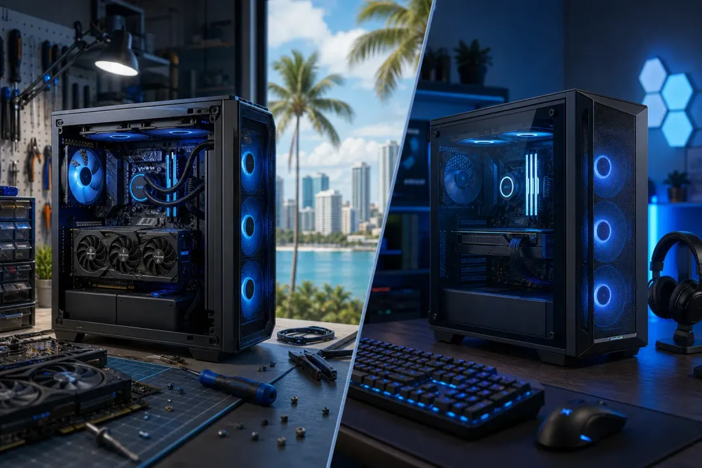 Split image: custom-built gaming PC in a workshop (left) vs. prebuilt gaming PC on a gaming desk (right), both with blue RGB lighting. Split image: custom-built gaming PC in a workshop (left) vs. prebuilt gaming PC on a gaming desk (right), both with blue RGB lighting.