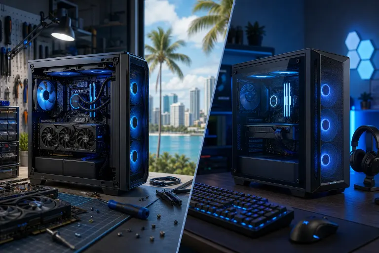 Split image: custom-built gaming PC in a workshop (left) vs. prebuilt gaming PC on a gaming desk (right), both with blue RGB lighting. Split image: custom-built gaming PC in a workshop (left) vs. prebuilt gaming PC on a gaming desk (right), both with blue RGB lighting.