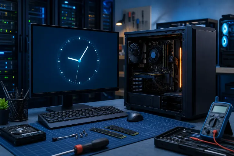 Open desktop PC tower beside a monitor displaying an analog clock, with repair tools, multimeter, and M.2 SSD on a workbench. Open desktop PC tower beside a monitor displaying an analog clock, with repair tools, multimeter, and M.2 SSD on a workbench.