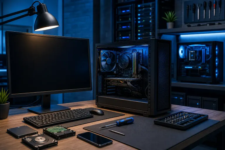 Open-side-panel desktop PC on a workbench with monitor, keyboard, screwdrivers, HDDs, and blue ambient lighting Open-side-panel desktop PC on a workbench with monitor, keyboard, screwdrivers, HDDs, and blue ambient lighting
