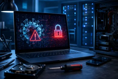 Laptop in dark server room displaying virus, warning triangle, and red padlock icons suggesting malware and ransomware threat. Laptop in dark server room displaying virus, warning triangle, and red padlock icons suggesting malware and ransomware threat.