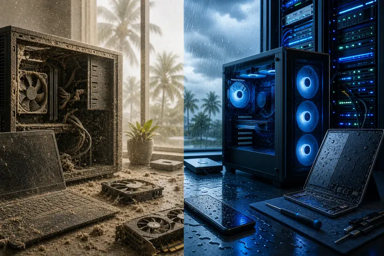 Split image: dusty, disassembled PC and laptop on left; RGB gaming PC with water droplets and wet devices on right, storm outside. Split image: dusty, disassembled PC and laptop on left; RGB gaming PC with water droplets and wet devices on right, storm outside.