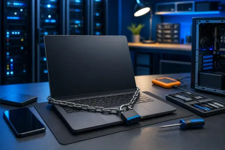Laptop secured with chain and padlock on a dark desk, surrounded by tech tools, external drive, and server racks in background. Laptop secured with chain and padlock on a dark desk, surrounded by tech tools, external drive, and server racks in background.