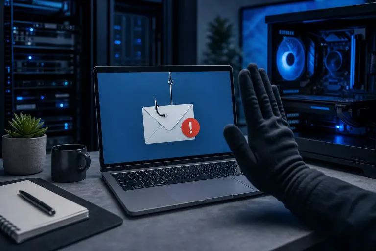 Gloved hand near laptop showing phishing email icon with hook and warning badge, dark server room background Gloved hand near laptop showing phishing email icon with hook and warning badge, dark server room background