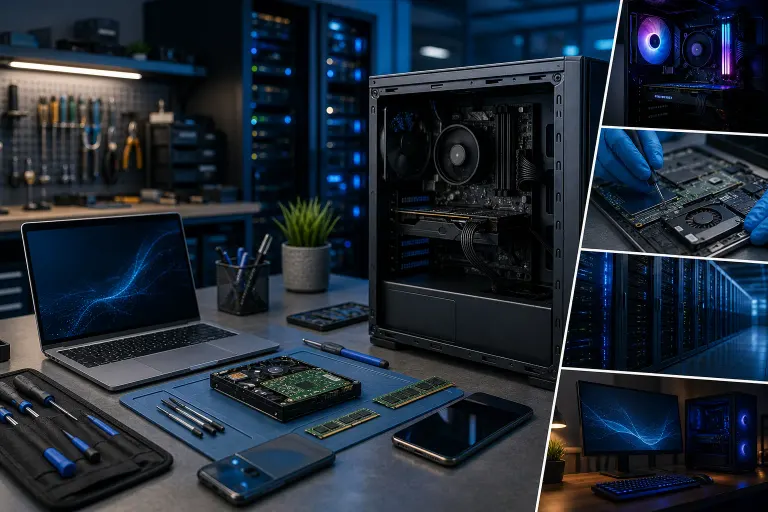 Collage of PC repair scenes: workbench with tools, open tower case, RAM/HDD components, server room, and RGB-lit build. Collage of PC repair scenes: workbench with tools, open tower case, RAM/HDD components, server room, and RGB-lit build.