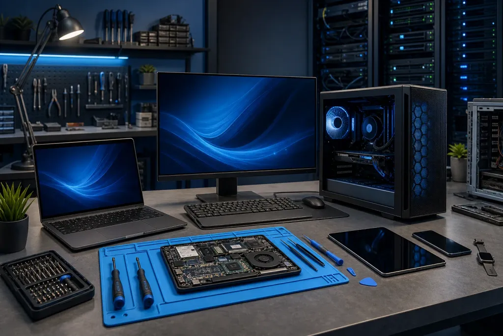 Tech repair workbench with open PC tower, laptop motherboard, monitor, tablet, phone, smartwatch, and precision screwdriver tools. Tech repair workbench with open PC tower, laptop motherboard, monitor, tablet, phone, smartwatch, and precision screwdriver tools.