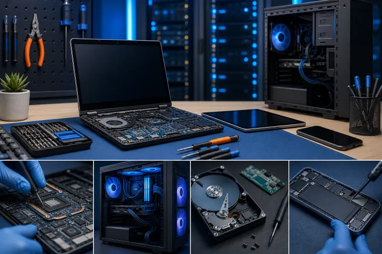 Collage of PC repair scenes: open laptop innards, desktop tower with blue RGB fans, HDD, motherboard work, and phone teardown. Collage of PC repair scenes: open laptop innards, desktop tower with blue RGB fans, HDD, motherboard work, and phone teardown.