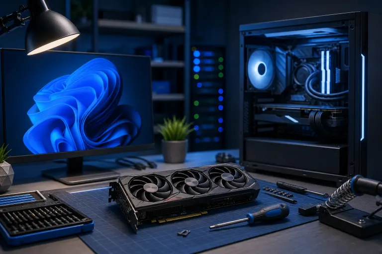 Windows 11 desktop beside an open PC and a triple-fan graphics card on a repair workbench Windows 11 desktop beside an open PC and a triple-fan graphics card on a repair workbench