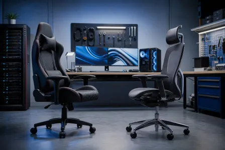 A black gaming chair with red stitching and a gray mesh office chair side by side in a tech workspace with dual monitors. A black gaming chair with red stitching and a gray mesh office chair side by side in a tech workspace with dual monitors.