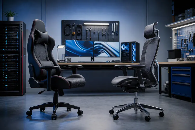 A black gaming chair with red stitching and a gray mesh office chair side by side in a tech workspace with dual monitors. A black gaming chair with red stitching and a gray mesh office chair side by side in a tech workspace with dual monitors.