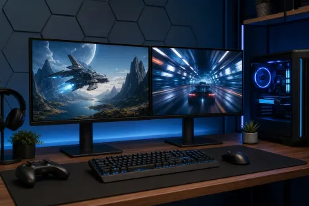Dual-monitor gaming setup on wooden desk with blue RGB lighting, mechanical keyboard, mouse, controller, and a PC tower. Dual-monitor gaming setup on wooden desk with blue RGB lighting, mechanical keyboard, mouse, controller, and a PC tower.