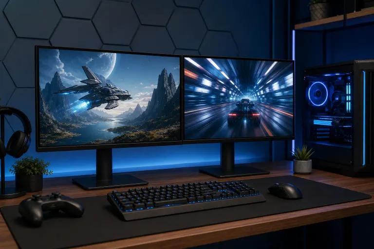 Dual-monitor gaming setup on wooden desk with blue RGB lighting, mechanical keyboard, mouse, controller, and a PC tower. Dual-monitor gaming setup on wooden desk with blue RGB lighting, mechanical keyboard, mouse, controller, and a PC tower.