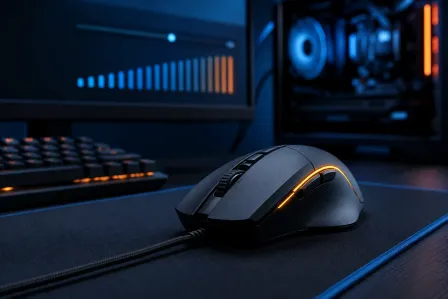 Black wired gaming mouse with orange RGB lighting on a dark mousepad, with a glowing PC tower and keyboard in the background. Black wired gaming mouse with orange RGB lighting on a dark mousepad, with a glowing PC tower and keyboard in the background.