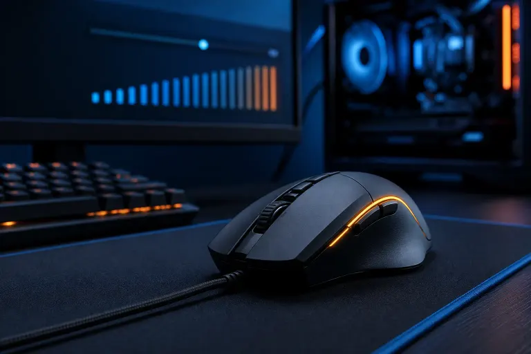 Black wired gaming mouse with orange RGB lighting on a dark mousepad, with a glowing PC tower and keyboard in the background. Black wired gaming mouse with orange RGB lighting on a dark mousepad, with a glowing PC tower and keyboard in the background.