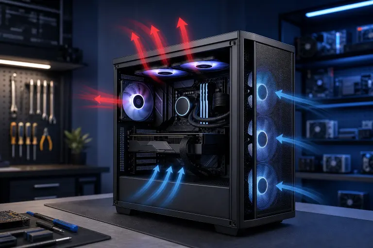 Black ATX PC case with RGB fans showing blue intake arrows from front/bottom and red exhaust arrows from top, in a dark workshop. Black ATX PC case with RGB fans showing blue intake arrows from front/bottom and red exhaust arrows from top, in a dark workshop.