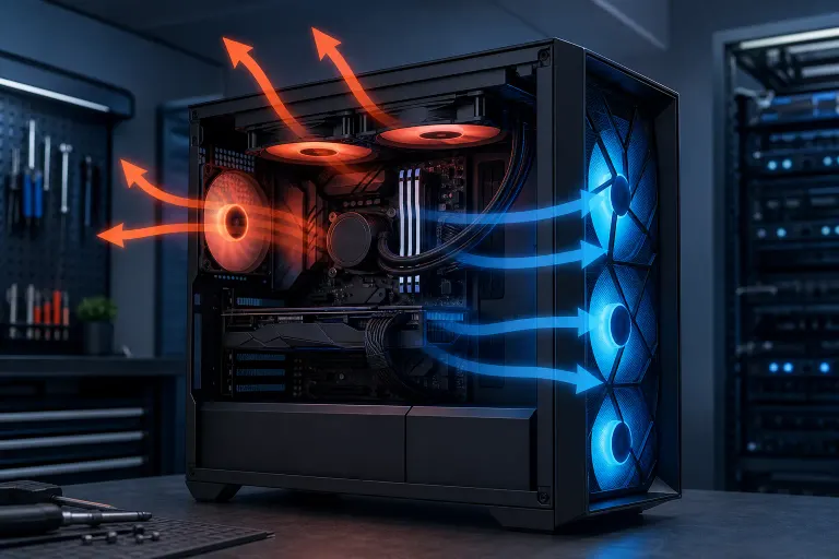 Gaming PC case with blue intake arrows from front fans and orange exhaust arrows from rear and top fans, showing airflow path. Gaming PC case with blue intake arrows from front fans and orange exhaust arrows from rear and top fans, showing airflow path.