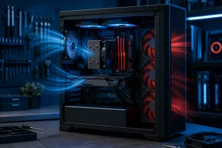 Open-side gaming PC tower with blue intake fans, red RAM, CPU cooler, and airflow motion lines visualized in blue and red.