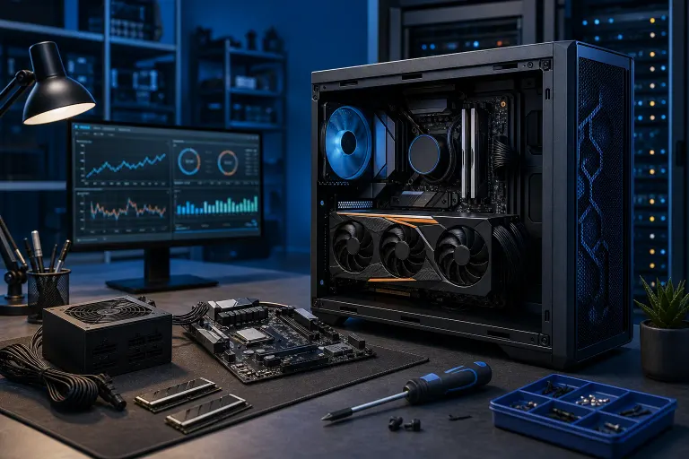 Open PC case with GPU and blue-lit fans on a workbench beside a motherboard, PSU, screwdriver, and a monitor showing performance graphs. Open PC case with GPU and blue-lit fans on a workbench beside a motherboard, PSU, screwdriver, and a monitor showing performance graphs.