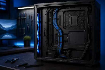 Open black PC tower showing organized black and blue cables routed neatly behind motherboard tray, blue LED fans visible. Open black PC tower showing organized black and blue cables routed neatly behind motherboard tray, blue LED fans visible.