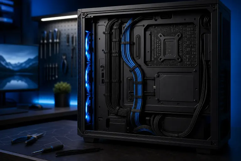 Open black PC tower showing organized black and blue cables routed neatly behind motherboard tray, blue LED fans visible. Open black PC tower showing organized black and blue cables routed neatly behind motherboard tray, blue LED fans visible.