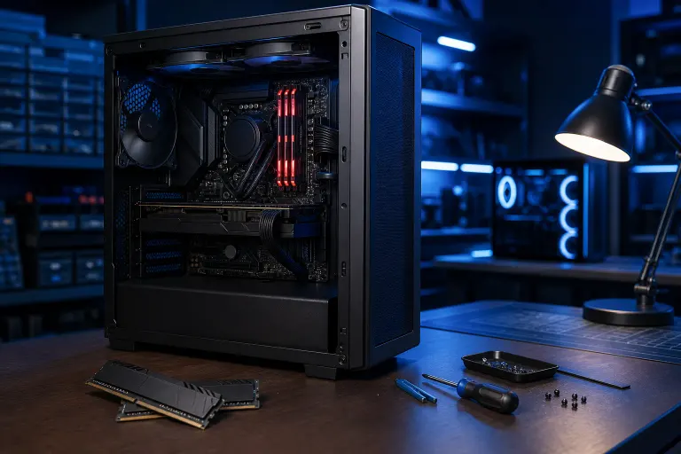 Open mid-tower PC case on a desk with red RAM sticks, liquid cooler, GPU, fans, screwdrivers, and loose RAM modules nearby. Open mid-tower PC case on a desk with red RAM sticks, liquid cooler, GPU, fans, screwdrivers, and loose RAM modules nearby.