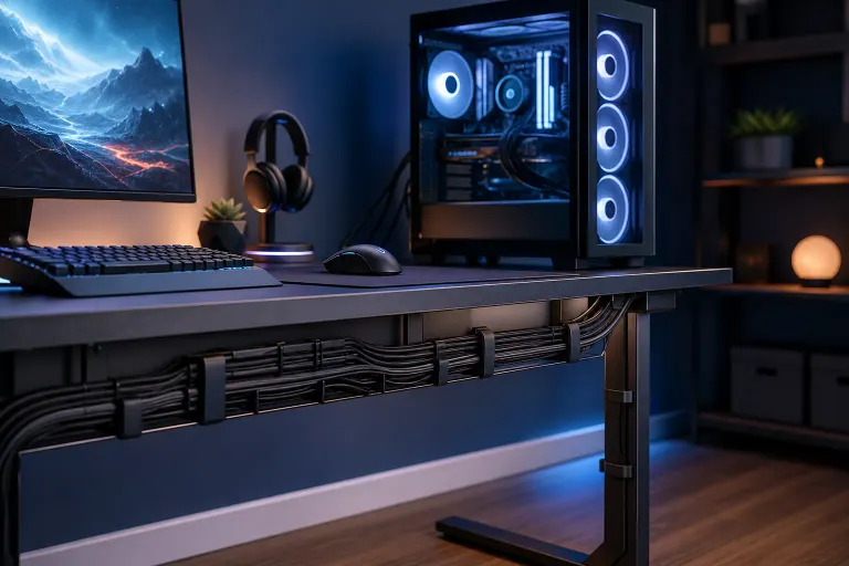 Gaming desk setup with neatly routed cables under desk, RGB PC tower, monitor, keyboard, mouse, and headphones in dark room. Gaming desk setup with neatly routed cables under desk, RGB PC tower, monitor, keyboard, mouse, and headphones in dark room.