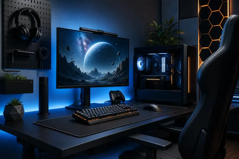 Dark gaming desk setup with blue LED lighting, monitor showing space wallpaper, mechanical keyboard, mouse, PC tower, and headphones. Dark gaming desk setup with blue LED lighting, monitor showing space wallpaper, mechanical keyboard, mouse, PC tower, and headphones.