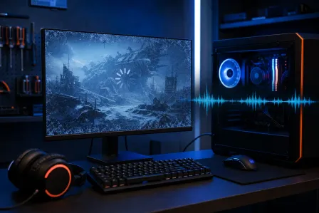 Gaming PC setup with frozen loading screen on monitor, audio waveform visible between PC tower and display, blue RGB lighting Gaming PC setup with frozen loading screen on monitor, audio waveform visible between PC tower and display, blue RGB lighting
