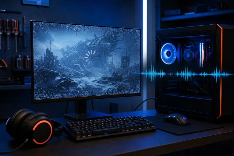 Gaming PC setup with frozen loading screen on monitor, audio waveform visible between PC tower and display, blue RGB lighting Gaming PC setup with frozen loading screen on monitor, audio waveform visible between PC tower and display, blue RGB lighting