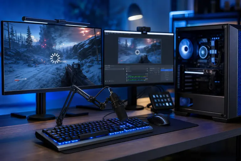 Dual-monitor gaming PC setup with FPS game on main screen, OBS streaming software on second, mic, keyboard, and RGB tower Dual-monitor gaming PC setup with FPS game on main screen, OBS streaming software on second, mic, keyboard, and RGB tower