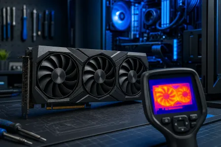 Triple-fan GPU on a workbench beside a thermal camera showing heat map of fans, with a blue-lit PC in background. Triple-fan GPU on a workbench beside a thermal camera showing heat map of fans, with a blue-lit PC in background.