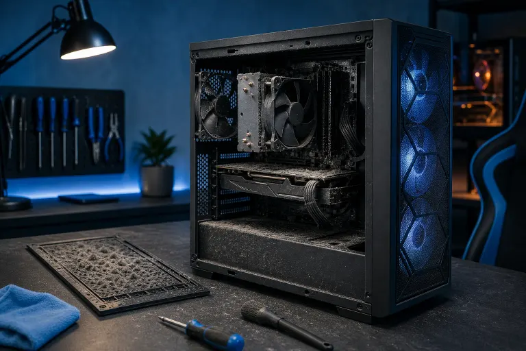 Dust-clogged open PC case with blue LED fans on workbench, removed dusty filter nearby, tools and microfiber cloth visible Dust-clogged open PC case with blue LED fans on workbench, removed dusty filter nearby, tools and microfiber cloth visible