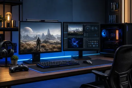 Dual-monitor gaming PC desk setup with blue RGB lighting, mechanical keyboard, mouse, headset, controller, and gaming PC tower. Dual-monitor gaming PC desk setup with blue RGB lighting, mechanical keyboard, mouse, headset, controller, and gaming PC tower.