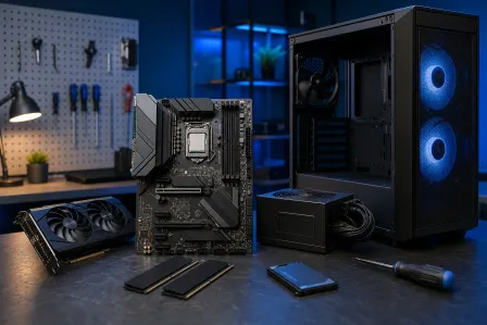 PC components on a dark workbench: motherboard with CPU, GPU, RAM sticks, PSU, HDD, and a black ATX case with blue RGB fans. PC components on a dark workbench: motherboard with CPU, GPU, RAM sticks, PSU, HDD, and a black ATX case with blue RGB fans.