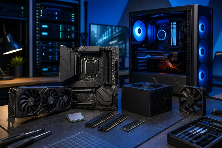 PC components laid out on a desk: motherboard, GPU, CPU, RAM, PSU, SSD, and case fan, with a built PC case in background. PC components laid out on a desk: motherboard, GPU, CPU, RAM, PSU, SSD, and case fan, with a built PC case in background.